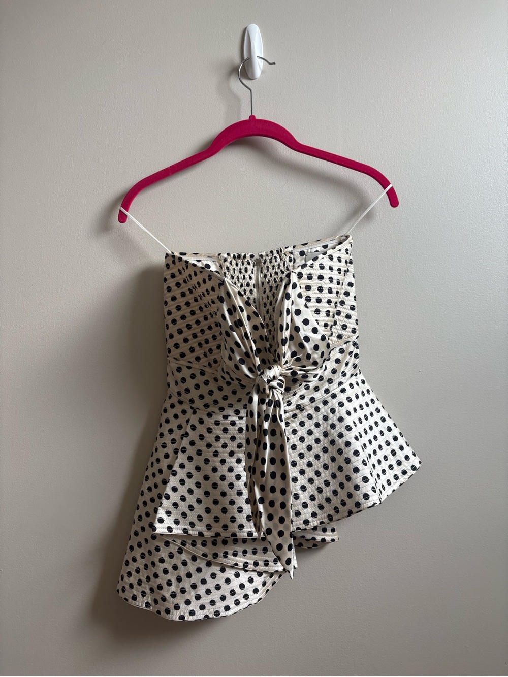 Johanna Ortiz Black Polka Dot Strapless Tie-Front Peplum Top - Cream/Black